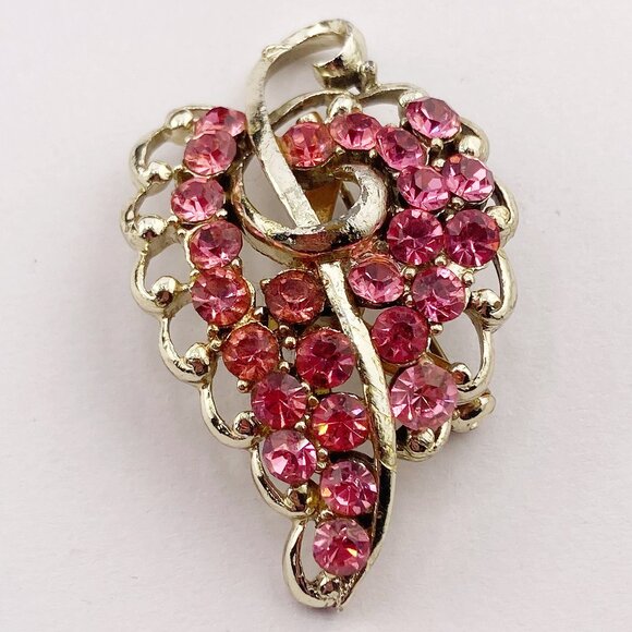 VINTAGE Pink rhinestone and silvery gold tone metal leaf brooch 1950s 1960s pin - Picture 4 of 8